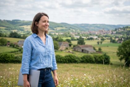 Femme dans la campagne près de Figeac avec ordinateur