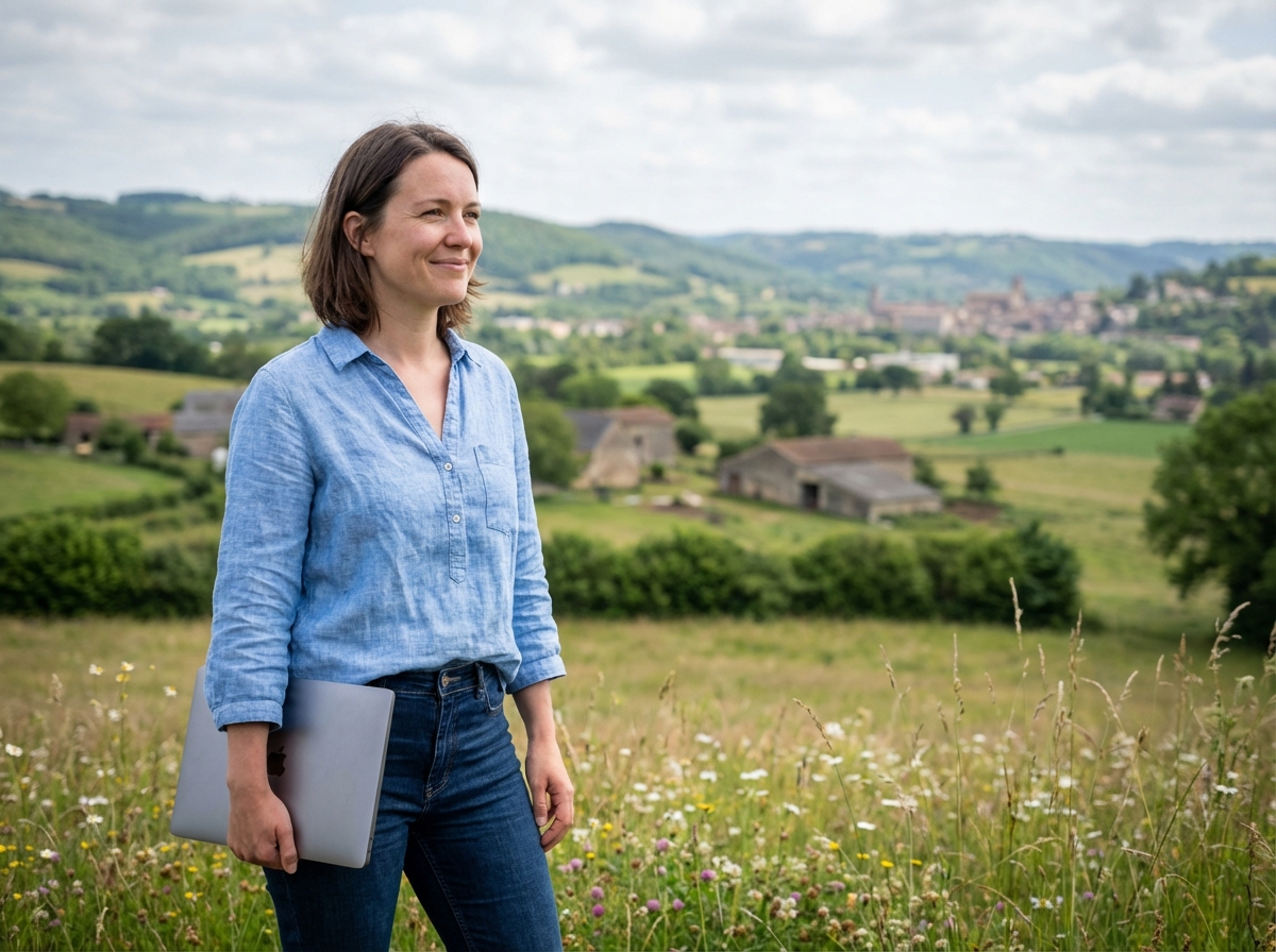 Femme dans la campagne près de Figeac avec ordinateur