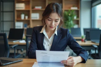 Femme en blazer bleu examine un document de carrière dans un bureau moderne