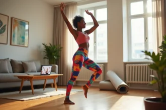 Femme pratiquant la danse Kuduro dans son salon comme routine fitness à domicile