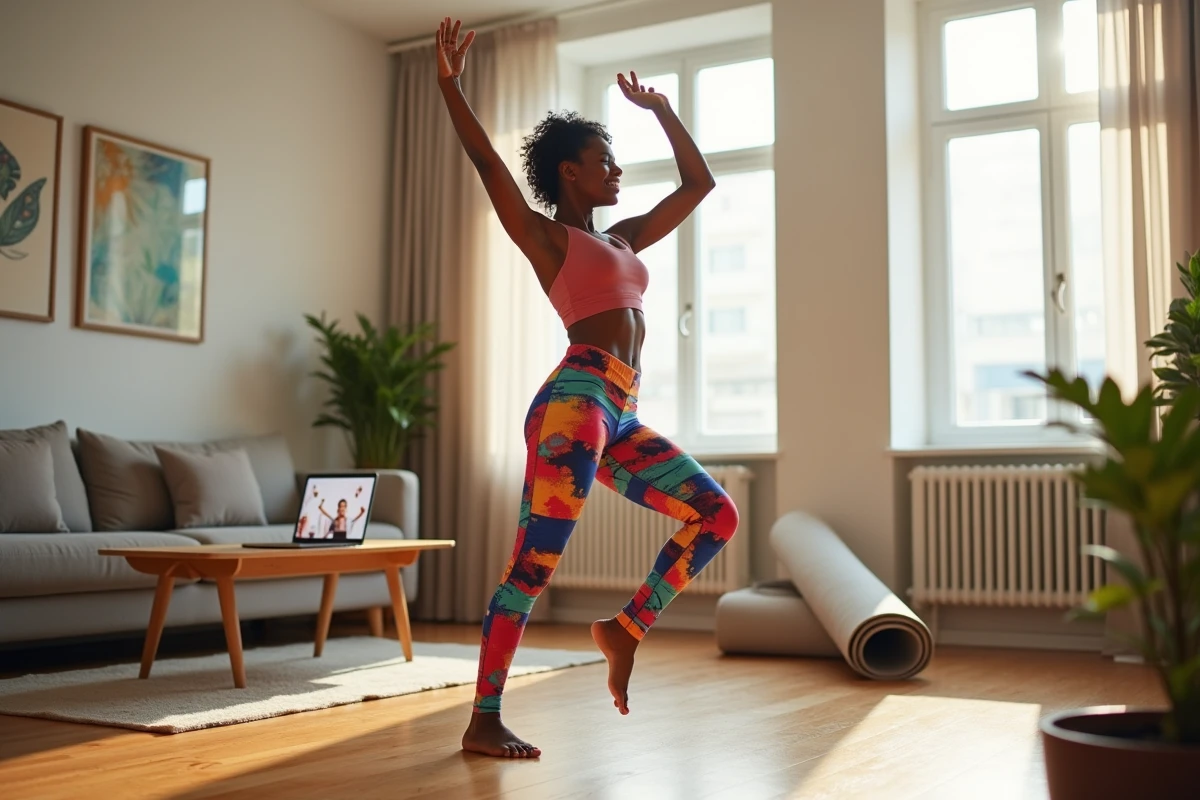 Femme pratiquant la danse Kuduro dans son salon comme routine fitness à domicile