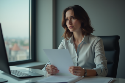 Femme d'affaires pensive tenant une lettre de démission