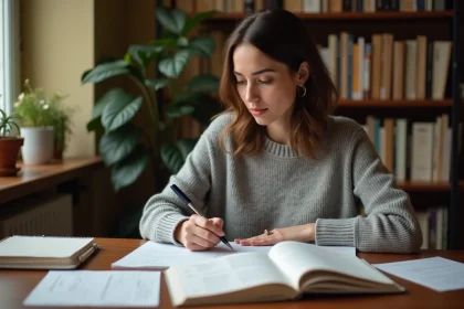 Femme étudiant les verbes du 2ème groupe avec des livres de grammaire française ouverts sur un bureau en bois