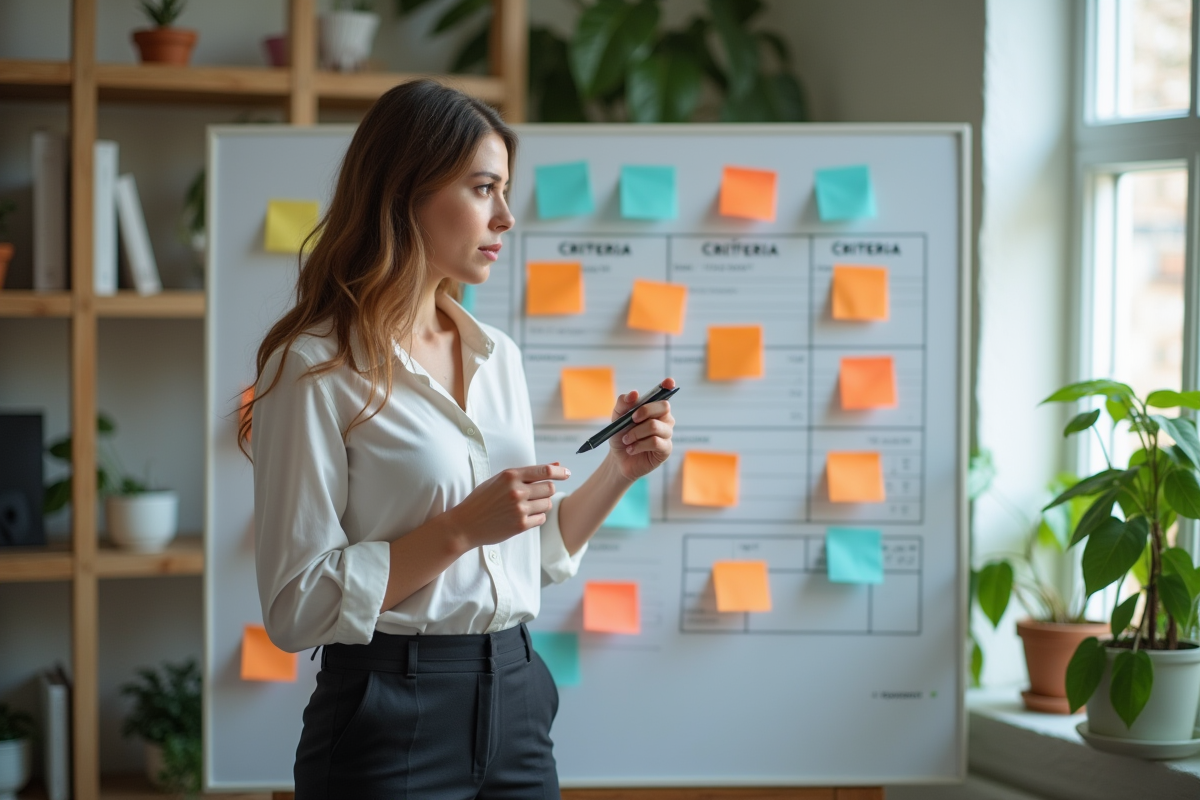 Jeune femme expliquant un tableau blanc avec notes colorées