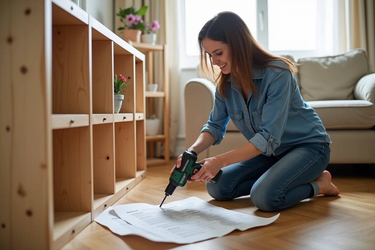Femme assemblant un meuble en bois chez elle en suivant les instructions d'une formation bricolage
