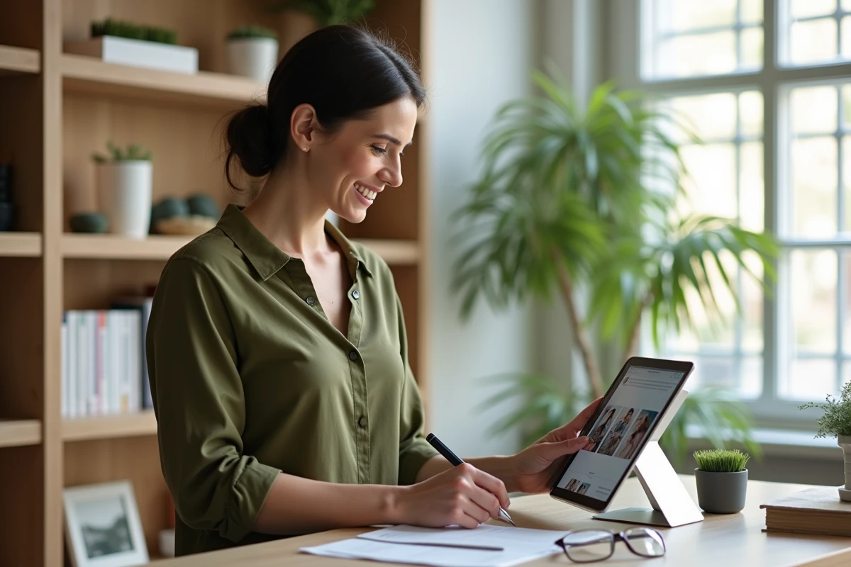 Femme d'âge mûr utilisant Canva sur tablette pour créer des visuels professionnels grâce à une formation en ligne gratuite