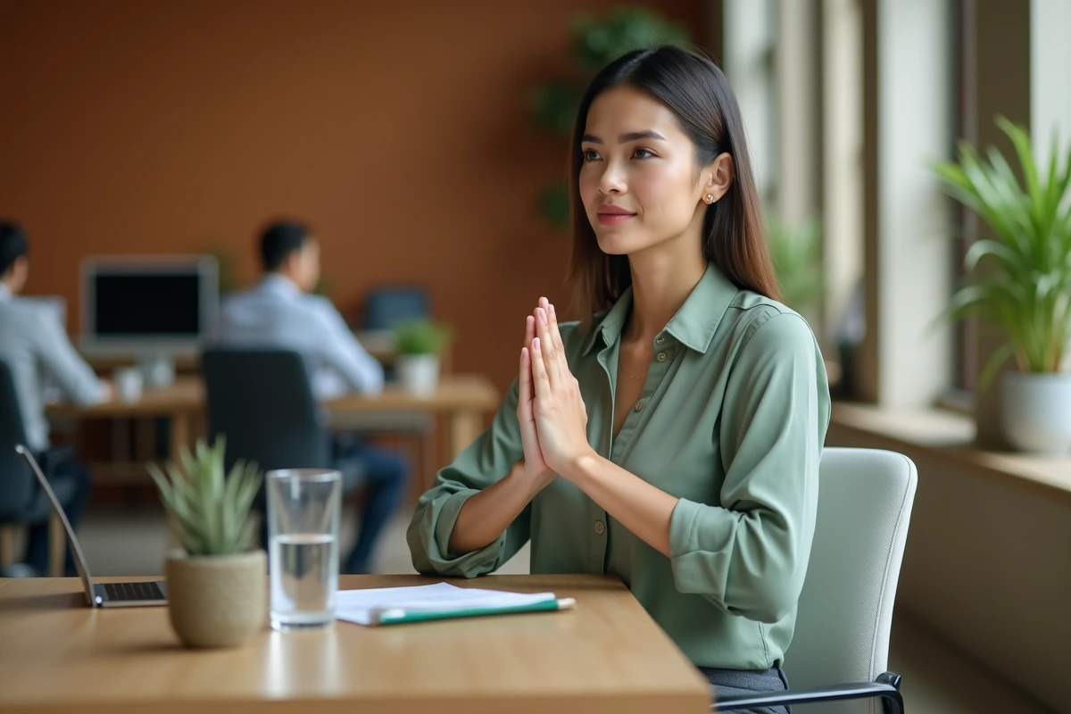 Femme sereine pratiquant une pause de pleine conscience à son bureau dans un open space moderne, illustrant la gestion du stress au travail