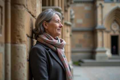 Femme en écharpe devant une cathédrale ancienne
