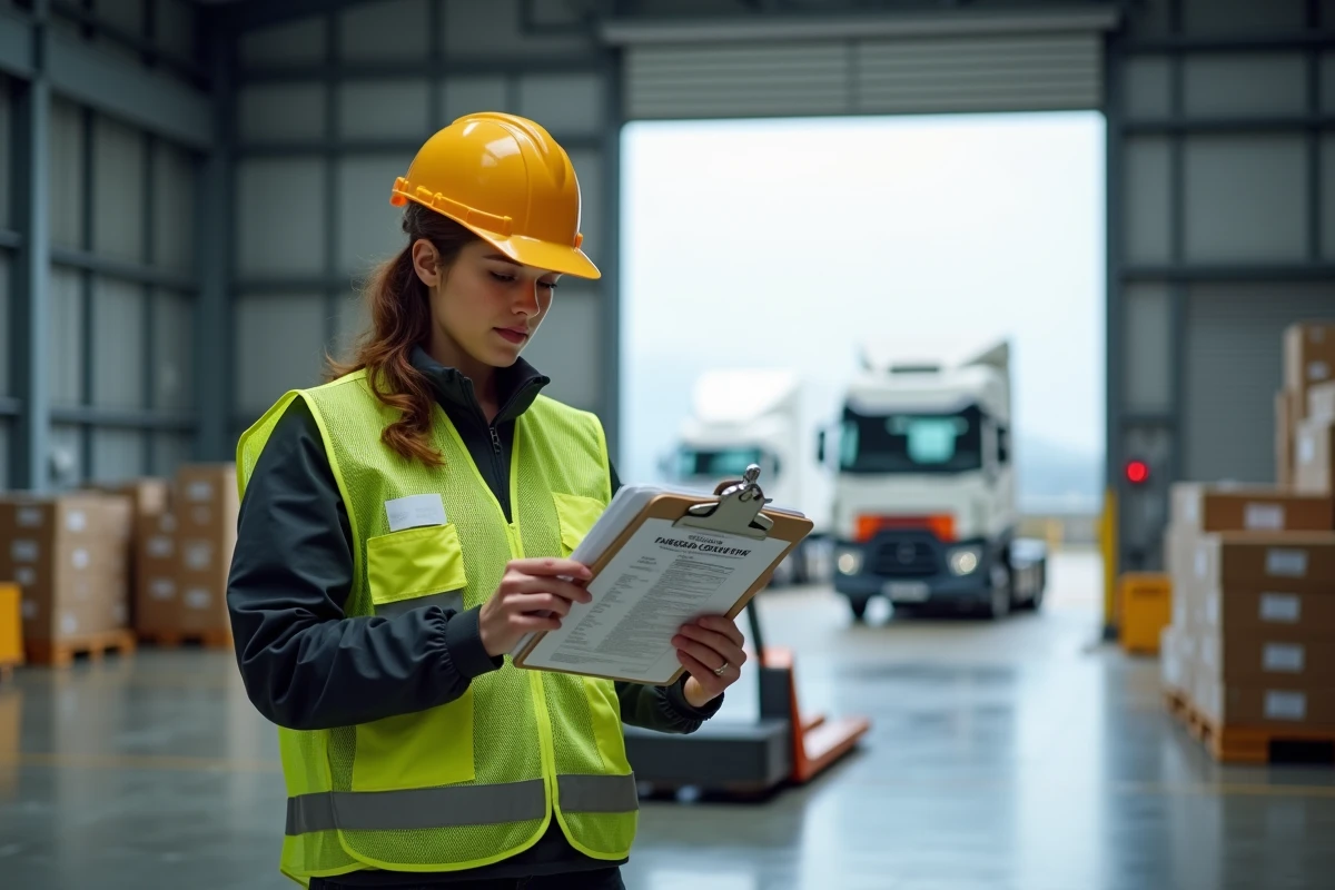 Femme intérimaire cariste tenant sa certification CACES dans un quai de chargement industriel