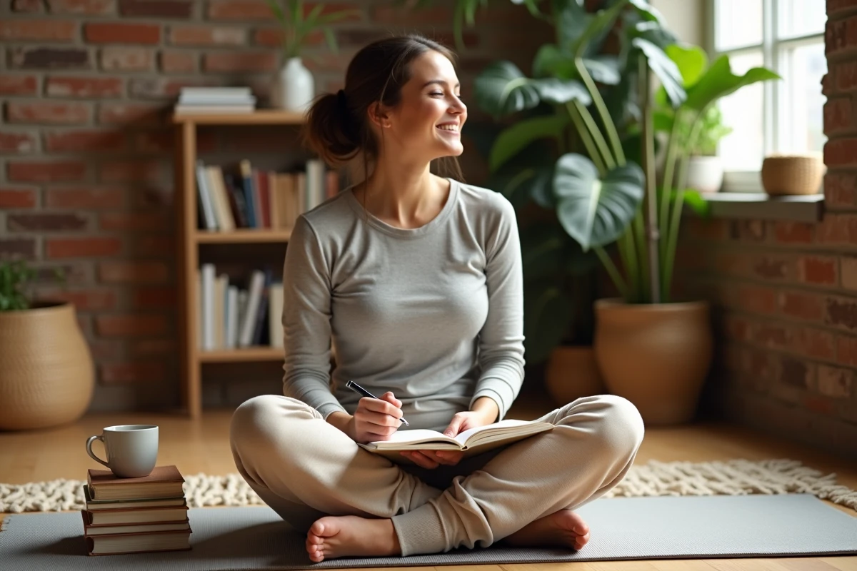 Jeune femme écrivant dans un journal de développement personnel sur un tapis de yoga dans un bureau à domicile chaleureux, illustrant la gestion du stress et le bien-être au travail