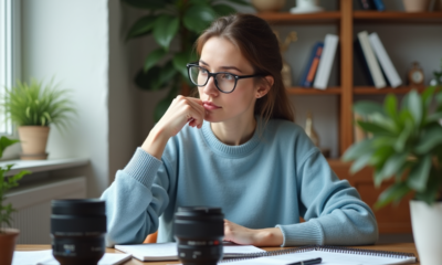 Femme concentrée tenant deux objectifs photo dans un bureau lumineux