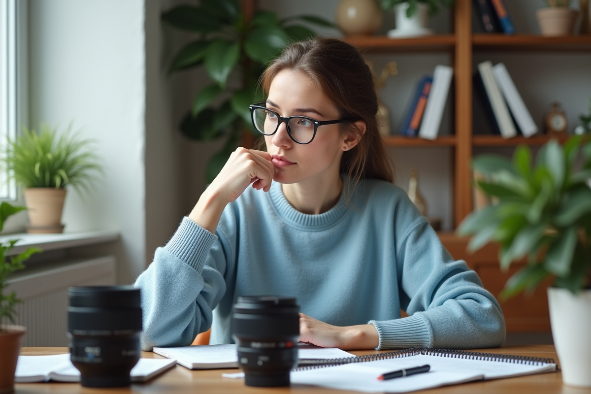 Femme concentrée tenant deux objectifs photo dans un bureau lumineux