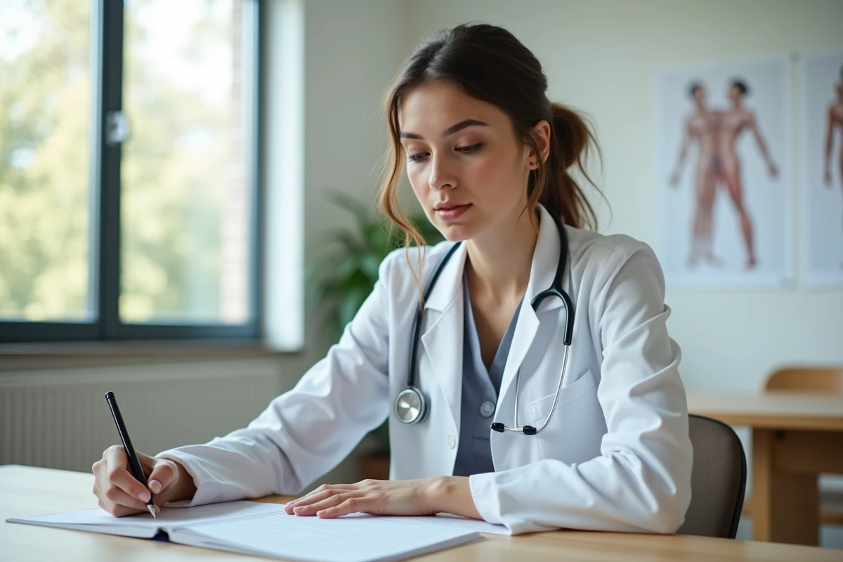 Jeune femme medecin prenant des notes dans un espace d