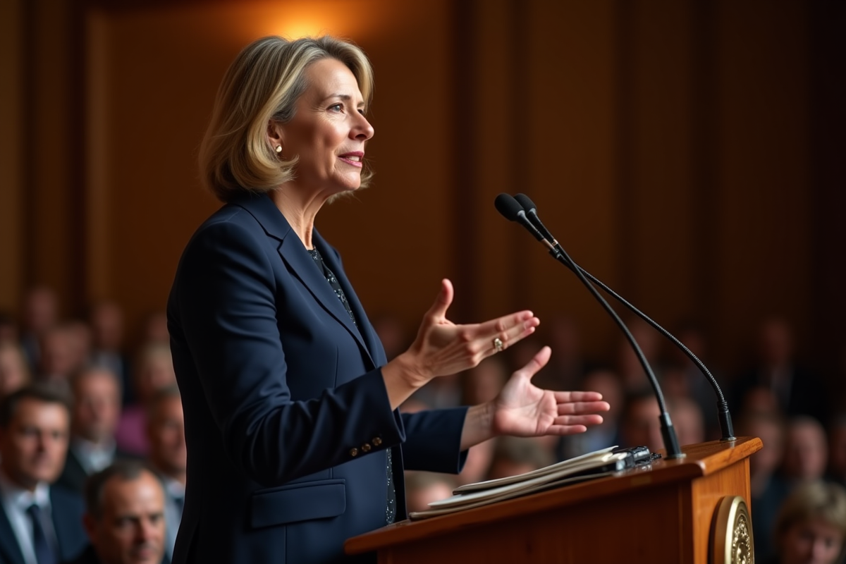 Femme conférencière parlant au podium dans un auditorium