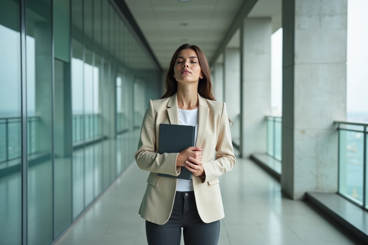Femme en pause dans un couloir de bureau vitré, les yeux fermés et posture détendue, symbolisant la récupération mentale et le développement personnel au travail
