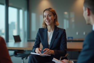 Jeune femme en costume navy lors d'une réunion professionnelle