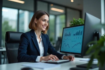 Professionnelle analysant des tableaux de bord ESG sur des écrans dans un bureau moderne en 2026