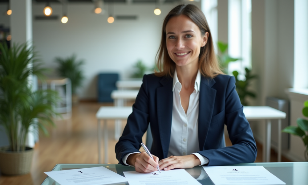 Femme d'affaires en costume dans un bureau moderne