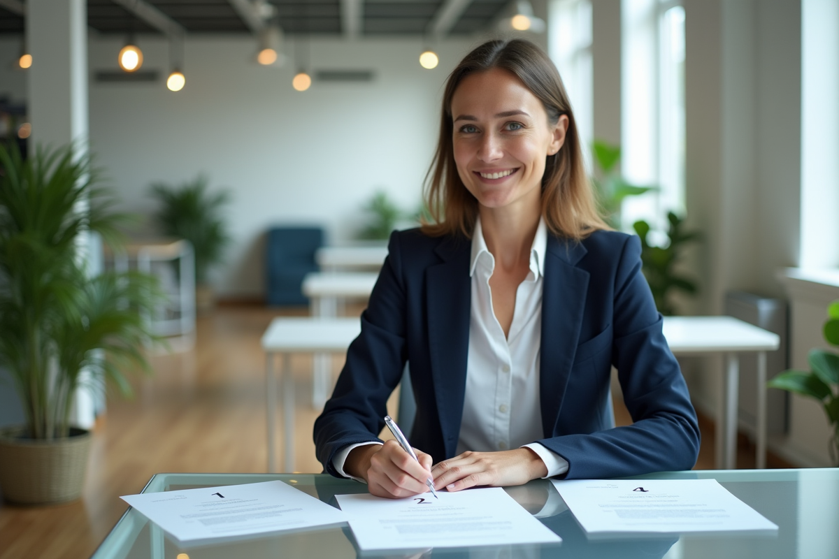 Femme d'affaires en costume dans un bureau moderne