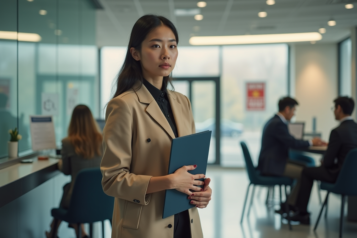 Jeune femme attendant à la reception d un centre emploi