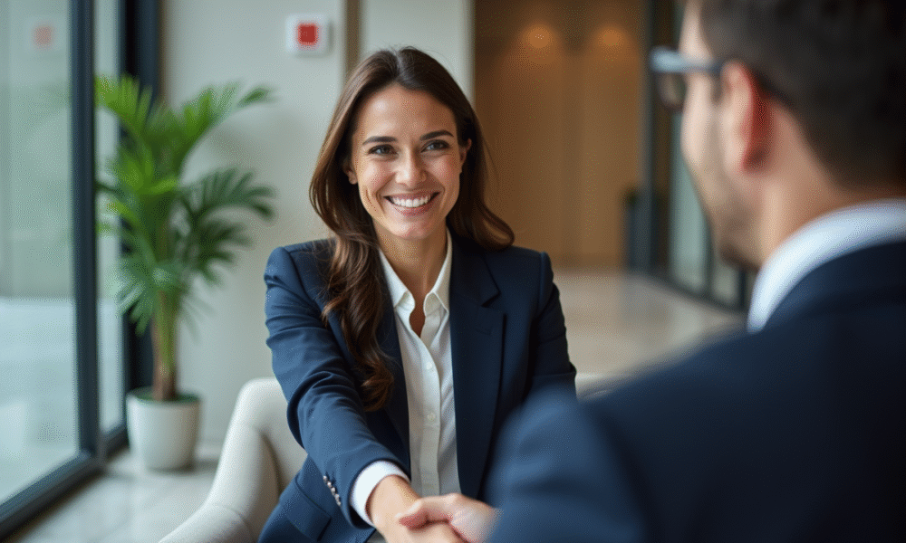 Femme en blazer navy souriante lors d'une entrevue en entreprise