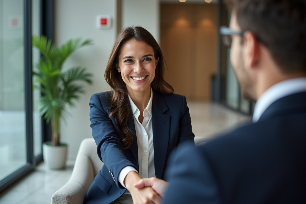 Femme en blazer navy souriante lors d'une entrevue en entreprise