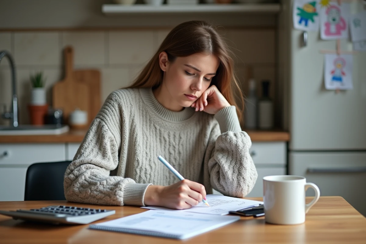 Femme réfléchissant à ses notes et bulletins scolaires