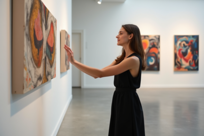 Jeune femme examinant sculpture moderne dans une galerie