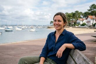 Femme souriante assise sur un banc à Arcachon