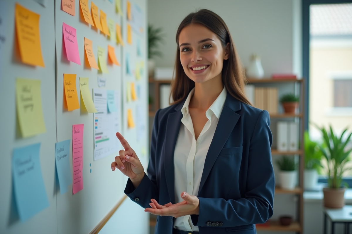 Jeune femme professionnelle expliquant avec des notes colorées