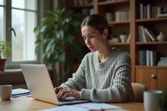 Femme concentrée passant un test de QI en ligne sur son ordinateur portable dans un bureau à domicile, expression sceptique et analytique