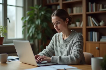 Femme concentrée passant un test de QI en ligne sur son ordinateur portable dans un bureau à domicile, expression sceptique et analytique