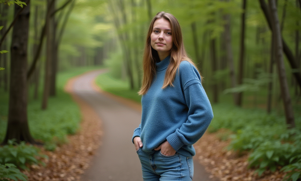 Jeune femme confiante au pied d'un sentier forestier