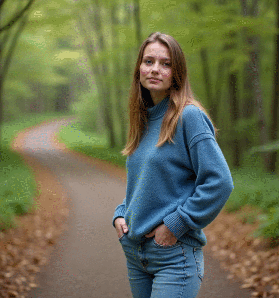 Jeune femme confiante au pied d'un sentier forestier