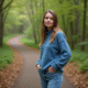 Jeune femme confiante au pied d'un sentier forestier