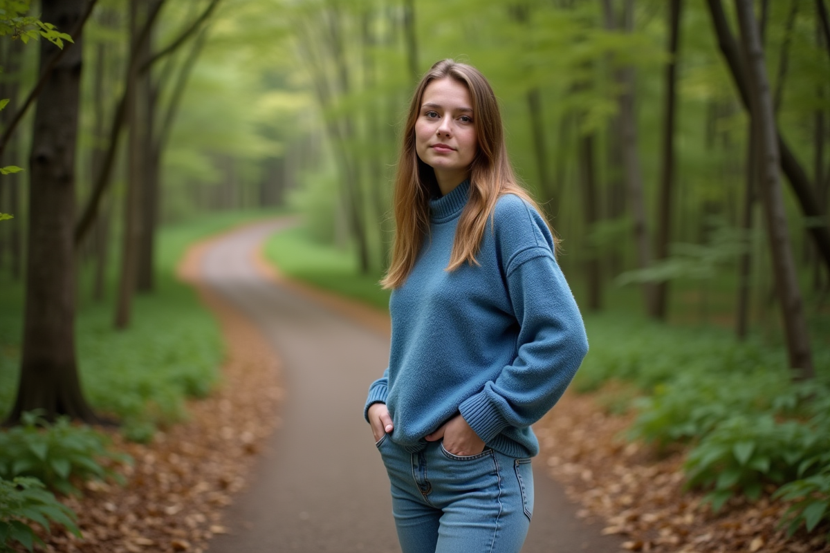 Jeune femme confiante au pied d'un sentier forestier