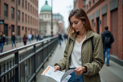 Femme en extérieur consulte une carte de métro à Boston près du MIT