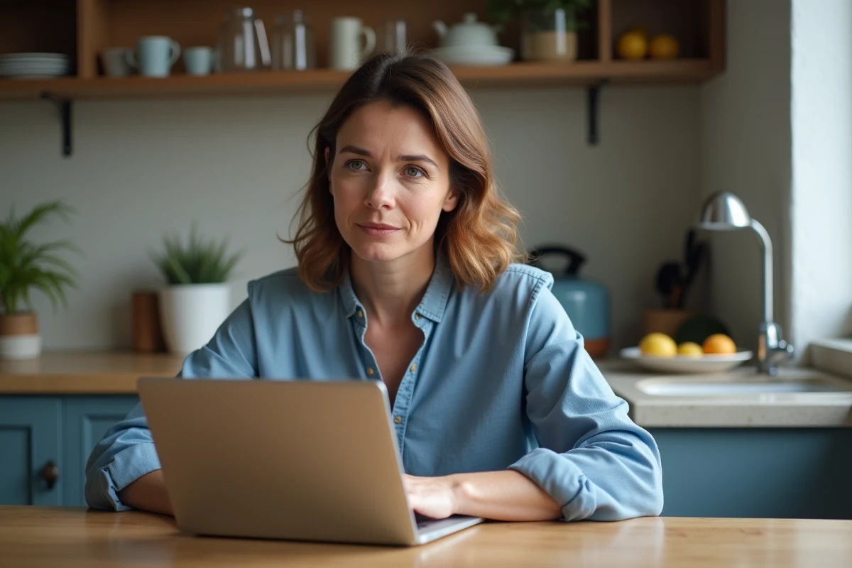 Femme assise à la cuisine avec ordinateur portable