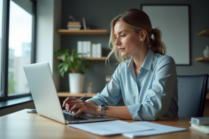 Femme en réunion en ligne prenant des notes