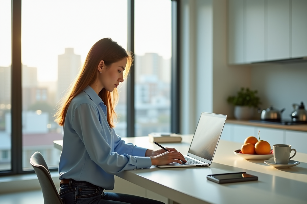 Jeune femme seule à la cuisine avec ordinateur et fruits
