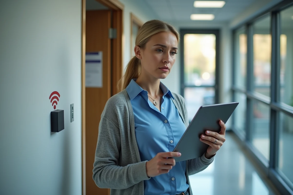 Femme d affaires vérifiant un routeur WiFi dans un couloir universitaire