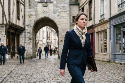 Jeune femme en blazer dans la ville de Loches