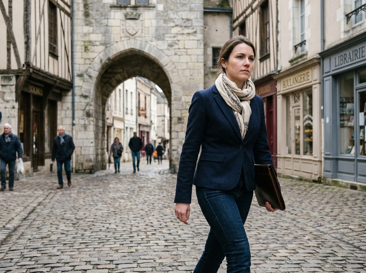 Jeune femme en blazer dans la ville de Loches