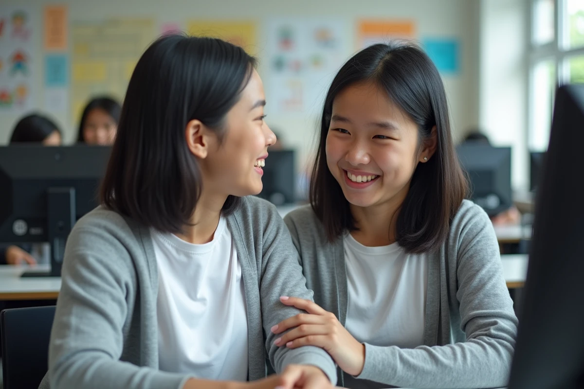 Fille adolescente souriante avec sa mère dans un laboratoire scolaire