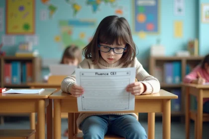 Jeune fille de 7 ans lisant une fiche en classe