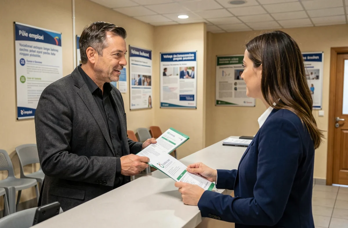 Homme en entretien avec un conseiller Pôle emploi pour financer une formation travaux en 2026