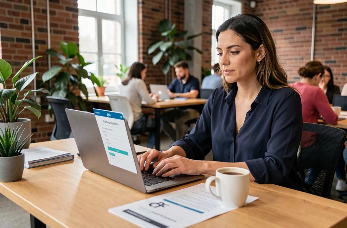 Femme qui finance sa formation en ligne avec le CPF sur un ordinateur portable dans un espace de coworking