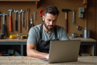 Homme en tablier de bricolage suivant une formation en ligne sur ordinateur portable dans un atelier équipé