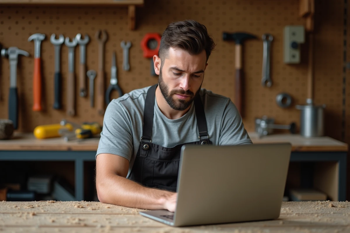 Homme en tablier de bricolage suivant une formation en ligne sur ordinateur portable dans un atelier équipé