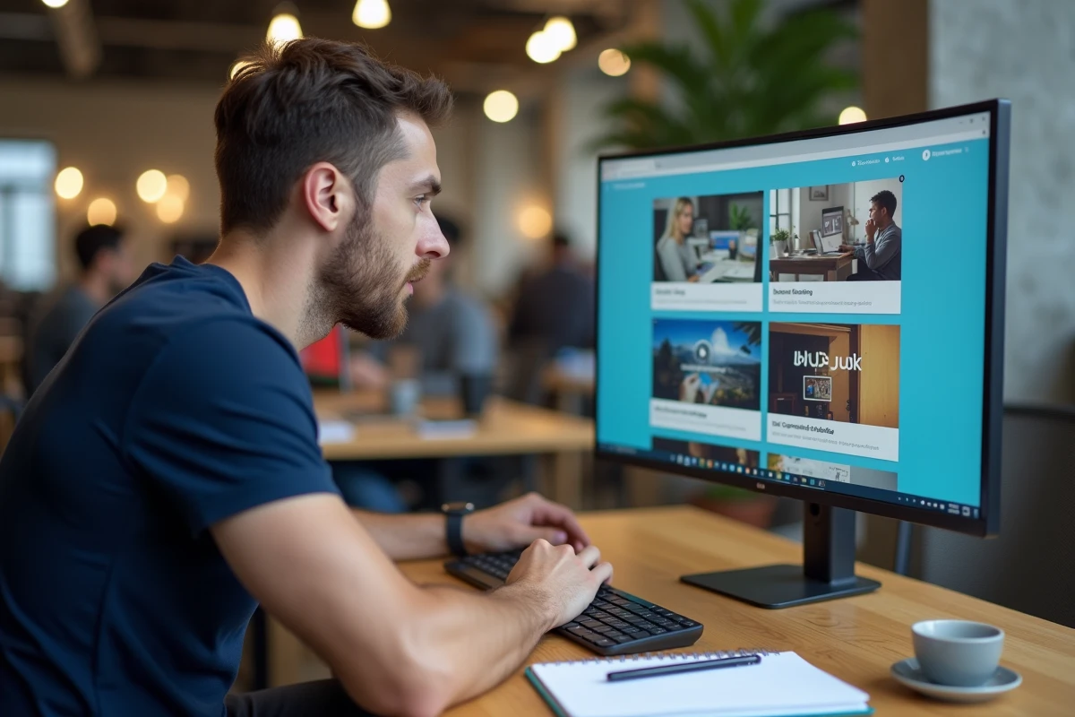 Jeune homme suivant une formation Canva gratuite dans un espace de coworking moderne avec tutoriels vidéo sur écran
